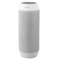 Small black or white portable Bluetooth stereo with colourful LED lights showing on its front.