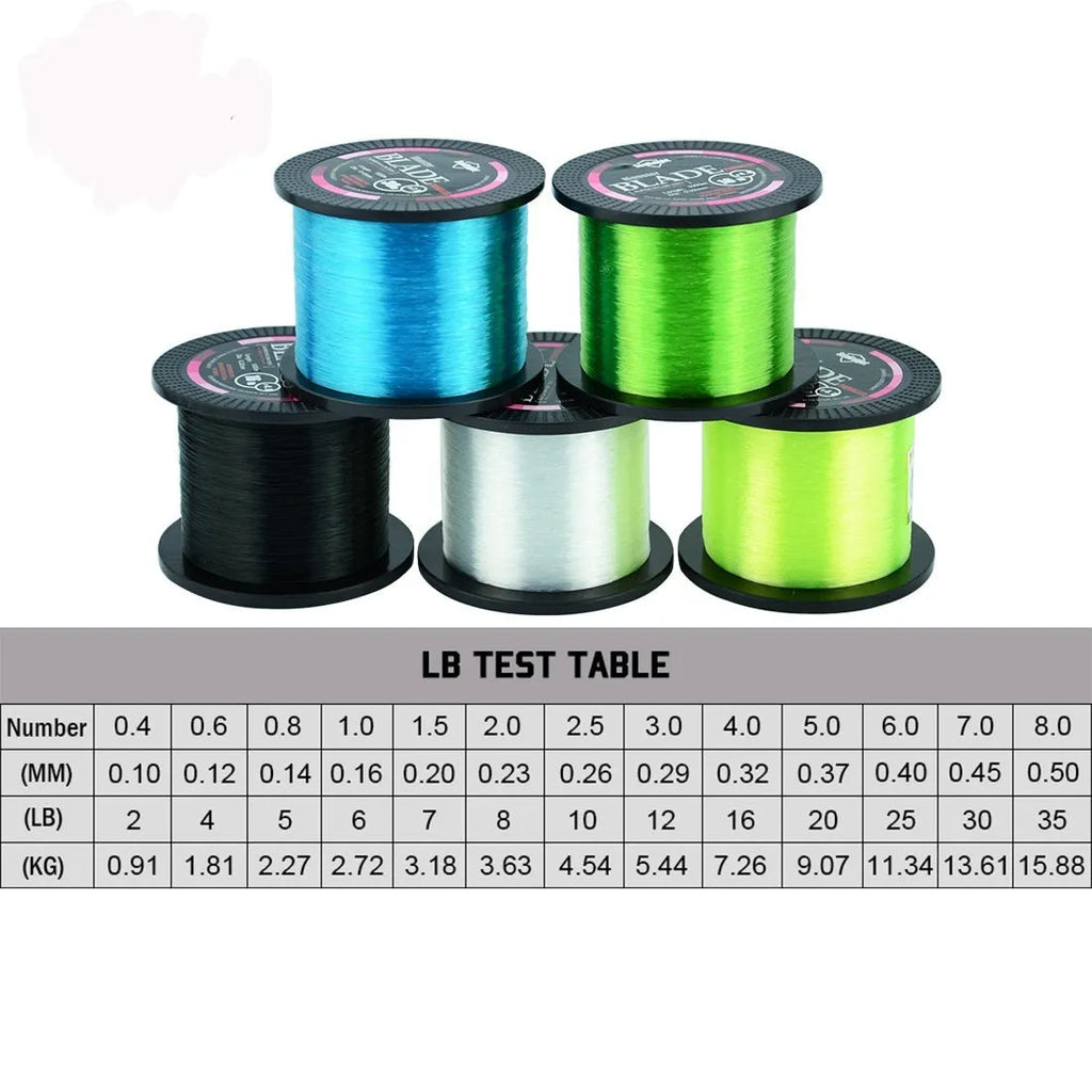 Seaknight1000 roll of nylon fishing line showing colour options of black, blue, green, white, and yellow.