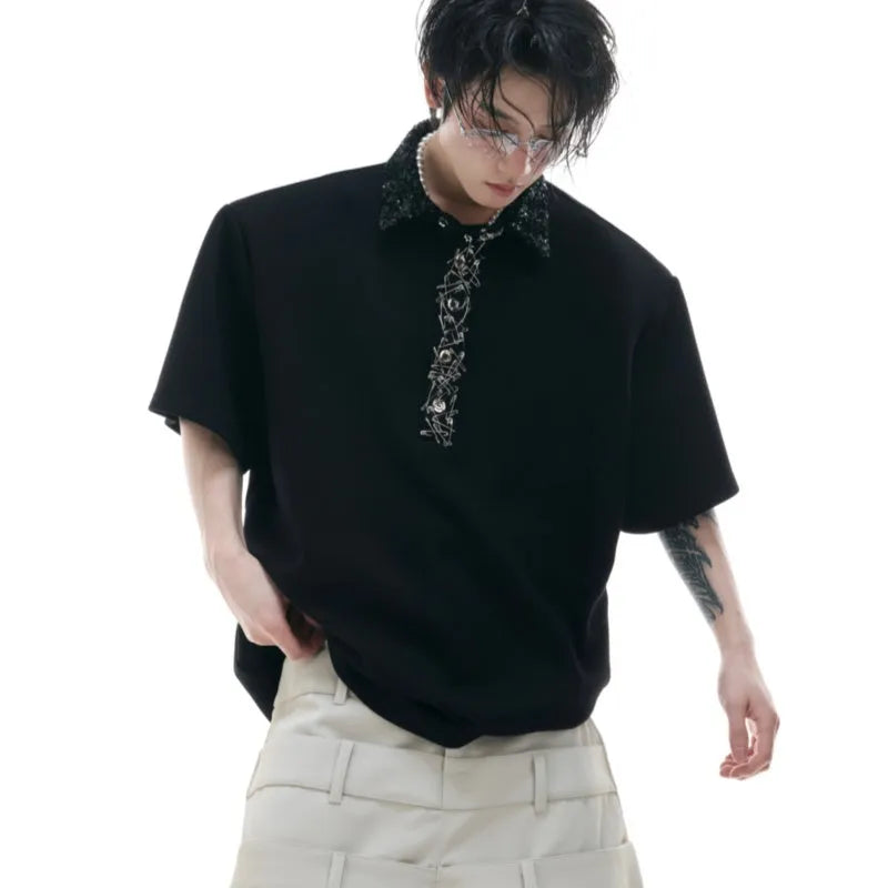 Men's loose polo t-shirt with heavy embroidery sequins and square collar in solid black gray or white polyester fabric
