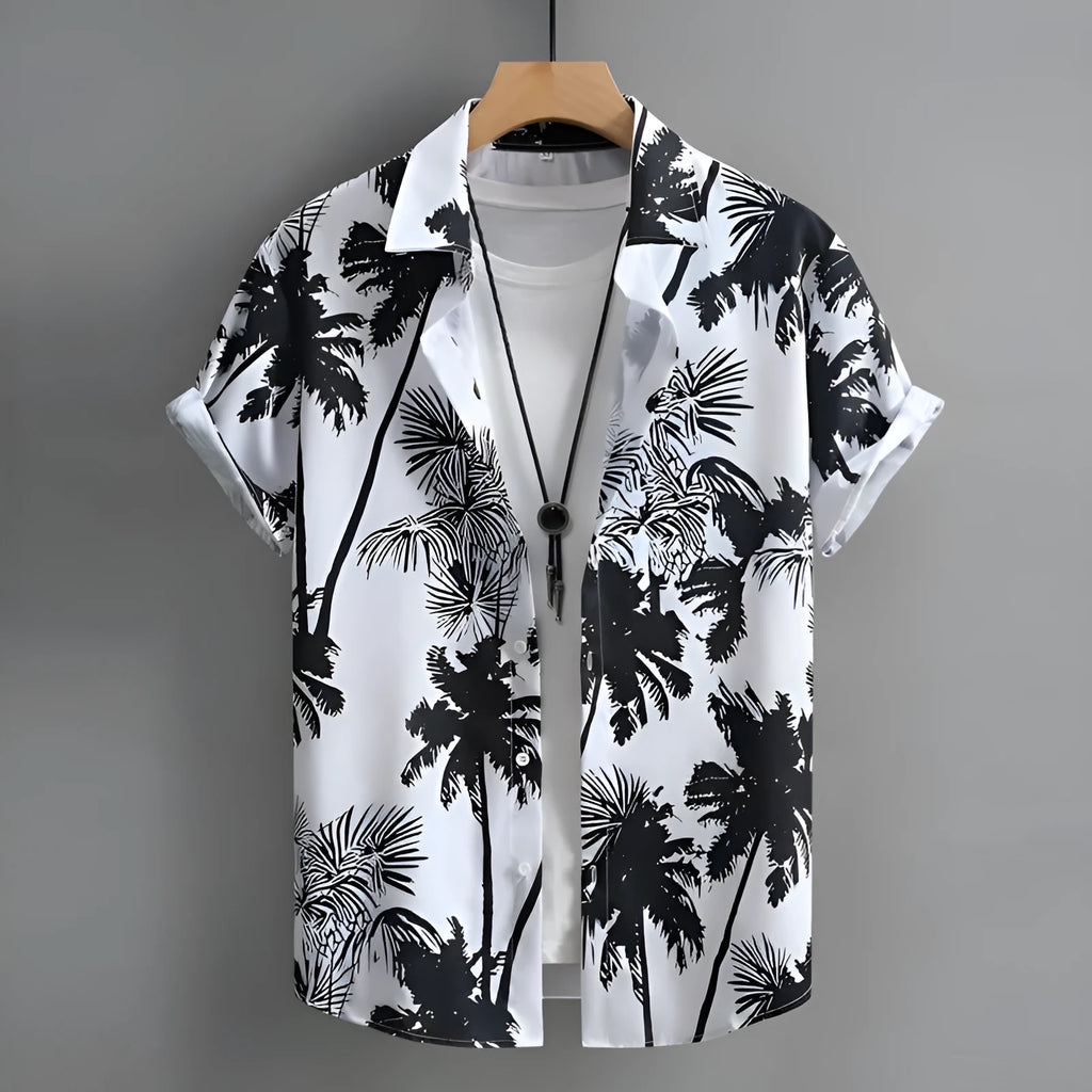 Men's short-sleeved Hawaiian shirt with 3D printed colour pattern, cardigan style.