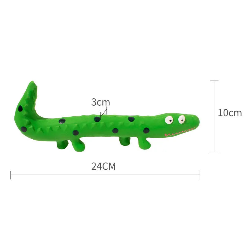 Green cartoon lizard-shaped latex dog chew toy with squeaker on a white background