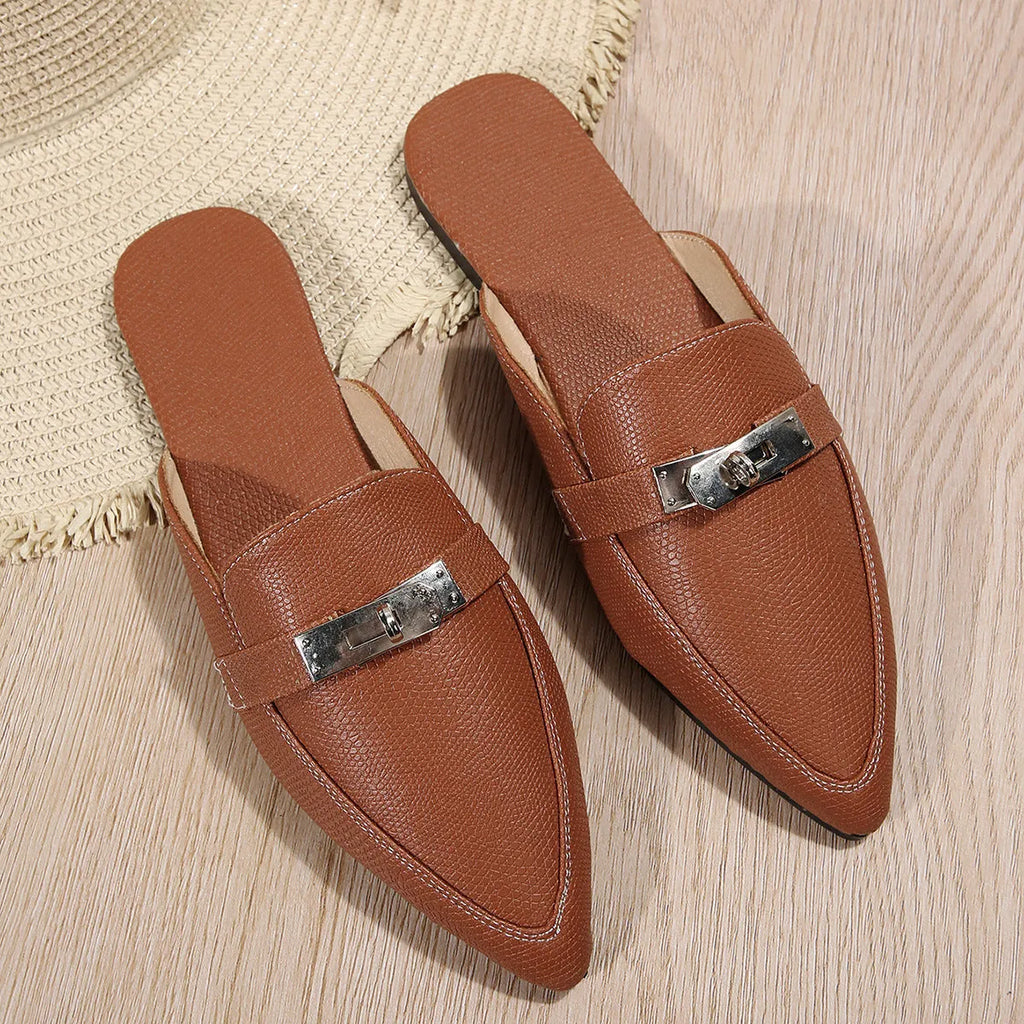 Light brown women's pointed toe low heel semi-slippers with a PU upper and rubber sole.