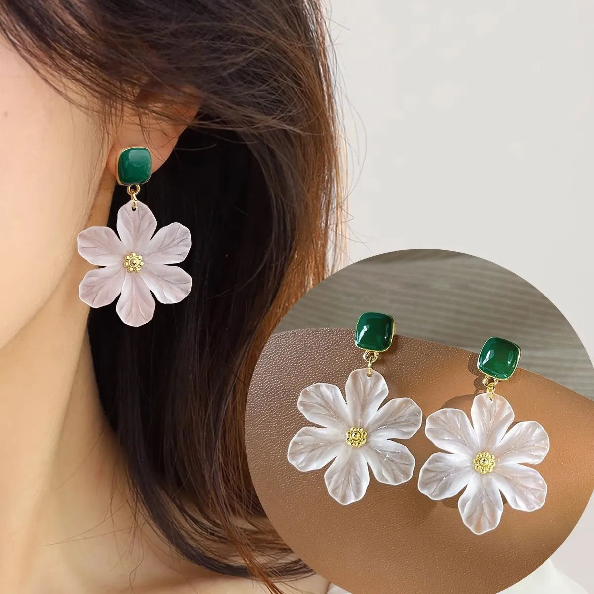 Sterling silver needle flowers earrings with dark green colour accents on alloy base