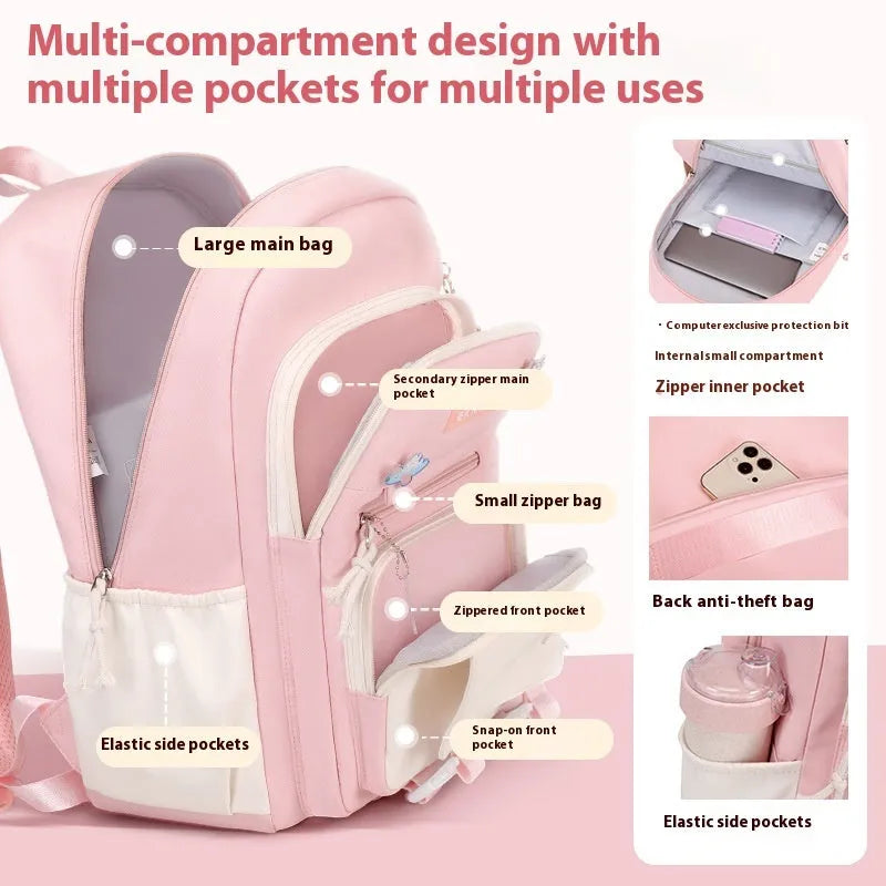 Girls waterproof Oxford cloth school backpack with curved shoulder straps and spine protection in solid colour options.
