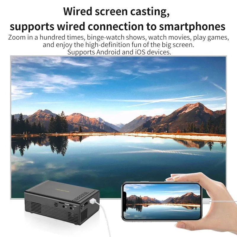 Black and white portable mini projector with wired connection for mobile phone screen mirroring.