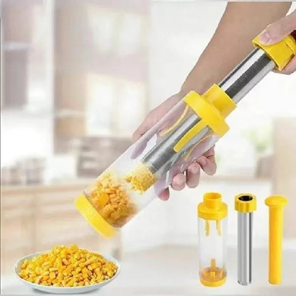 Yellow corn stripper tool with cylindrical design measuring 27cm high with stainless steel components