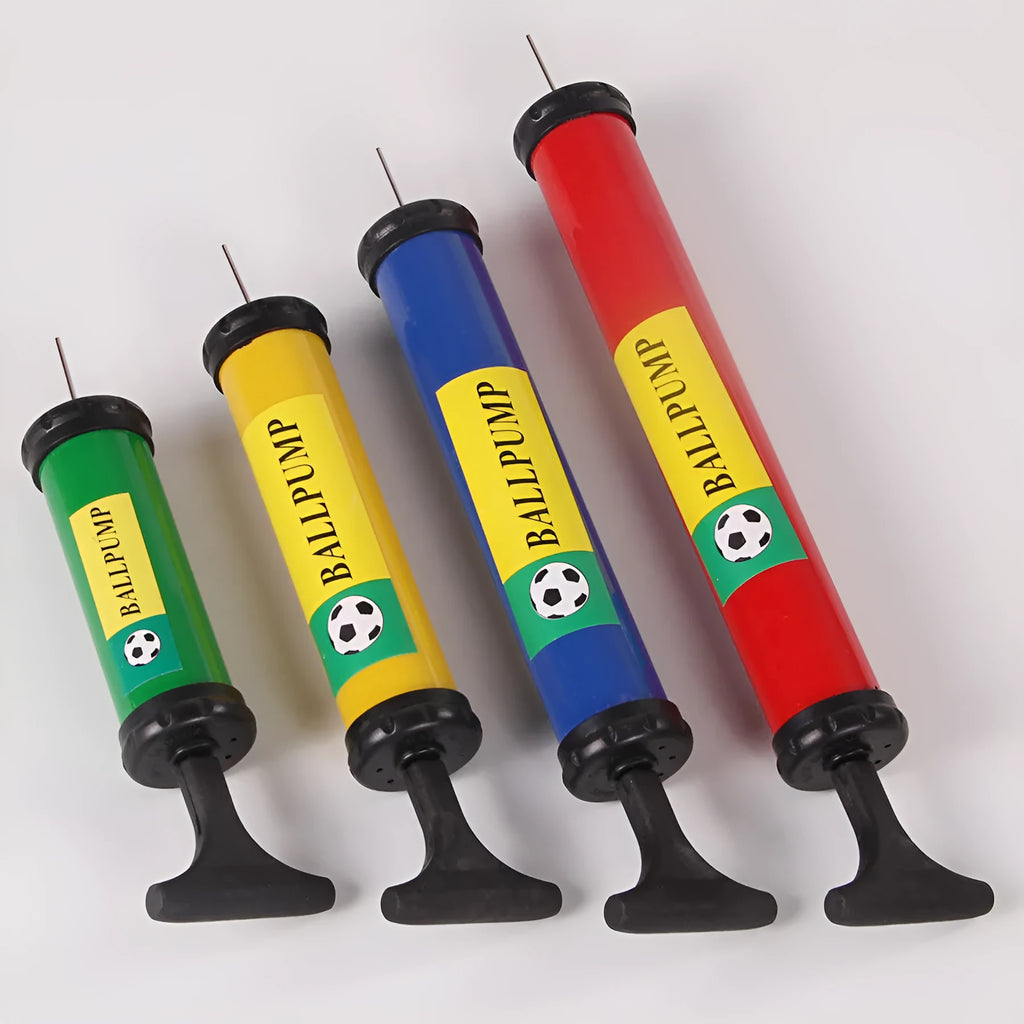 Mixed colour plastic manual hand pump for inflating basketballs, footballs, volleyballs, and balloons.