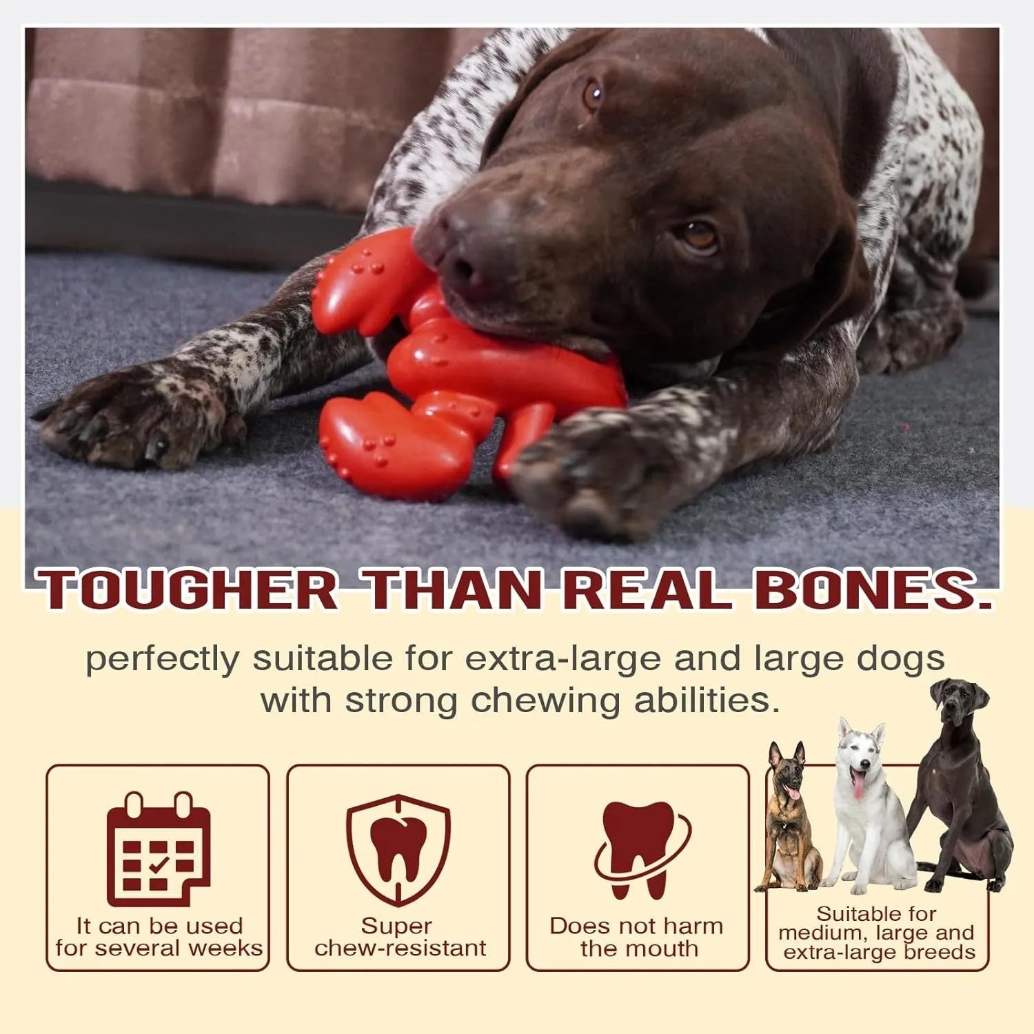 Red hard dog chew toy for aggressive chewers measuring 170mm for large breed dogs