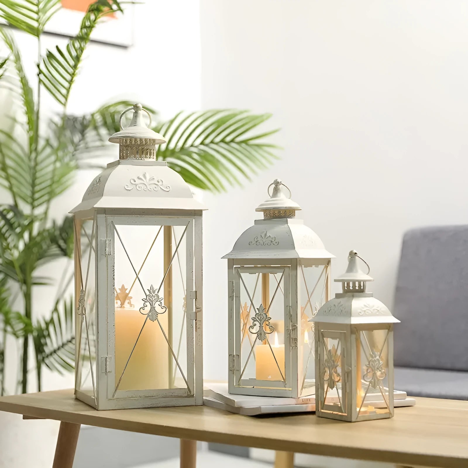 European style wrought iron floor-standing storm lantern with tempered glass panels for garden decoration