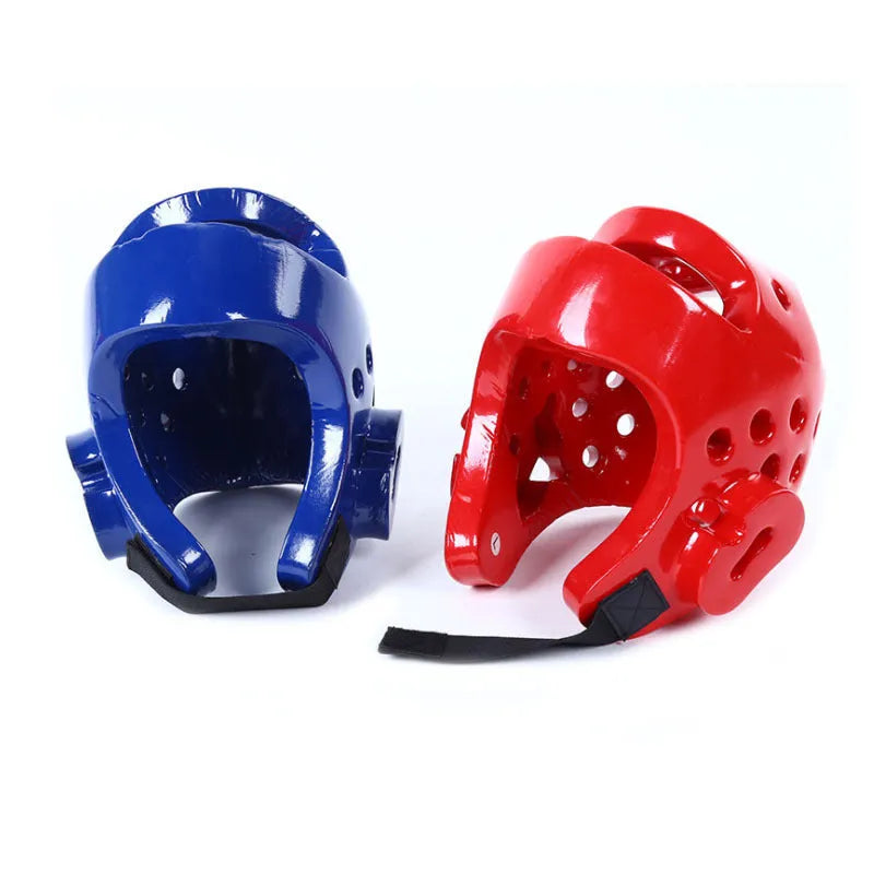 Red and blue karate protective gear set with helmet and leg guards for martial arts training
