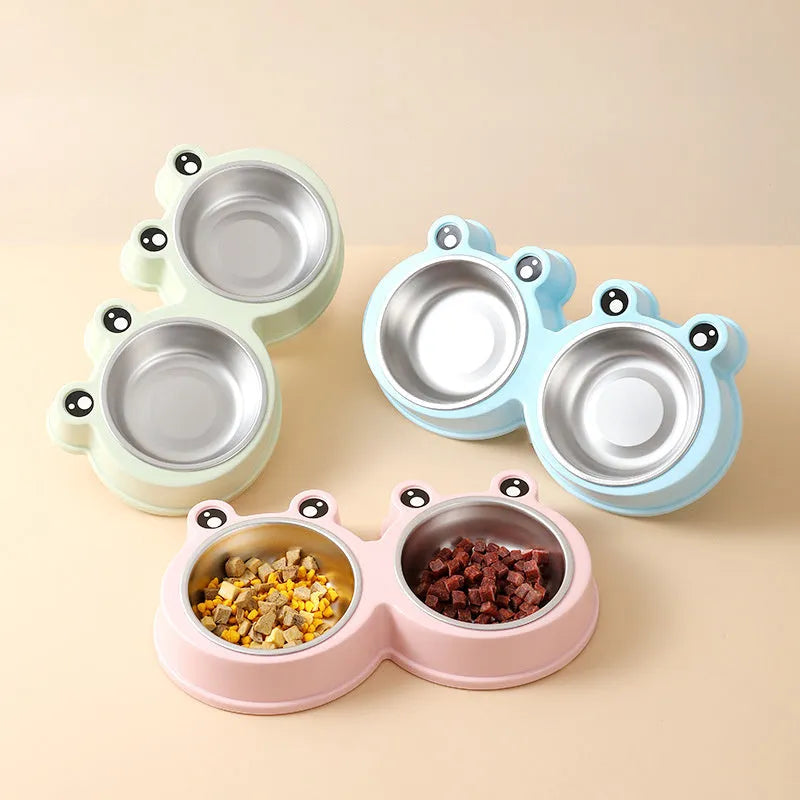 Stainless steel double compartment pet bowl set for cats and dogs in blue colour