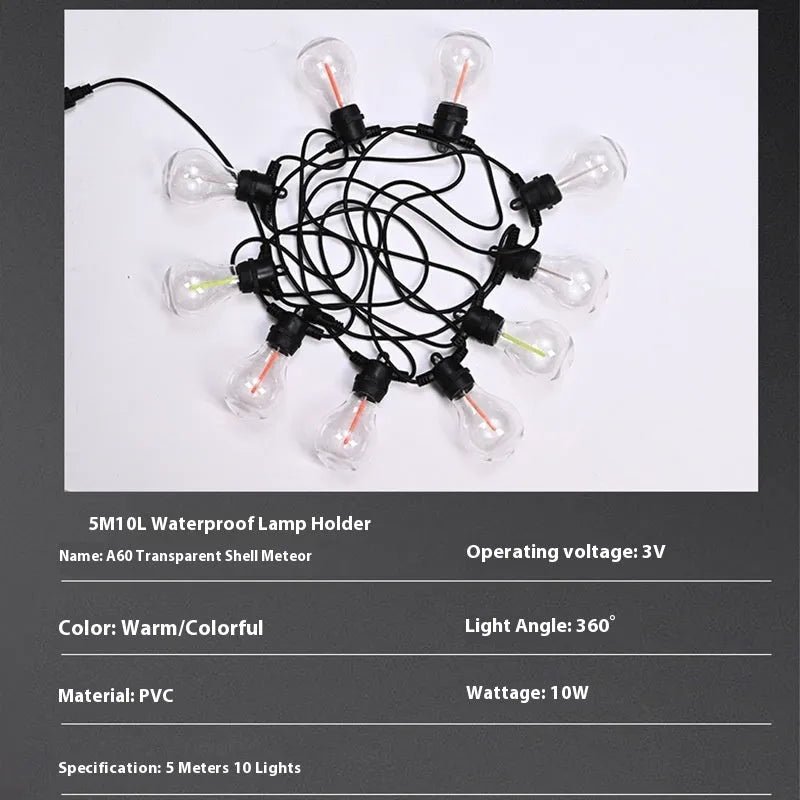 Waterproof outdoor decorative string lights with 10 A60 transparent meteor bulbs on 5 metre cable