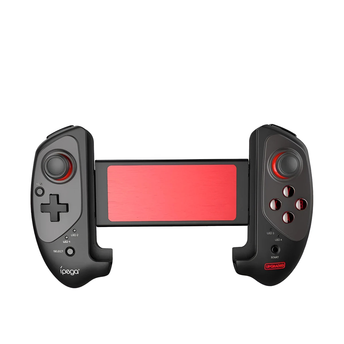 Red telescopic gamepad controller extended to hold mobile device with USB cable