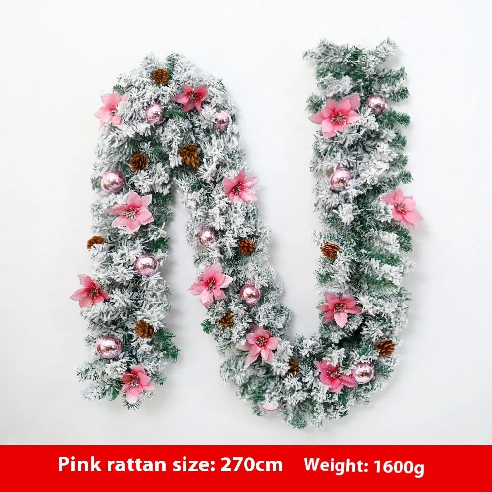 Christmas rattan garland with flocking decoration in multiple colour options