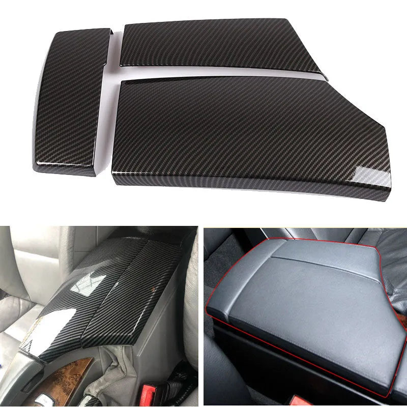 Three black ABS armrest box protective covers with a shiny carbon fibre weave pattern.
