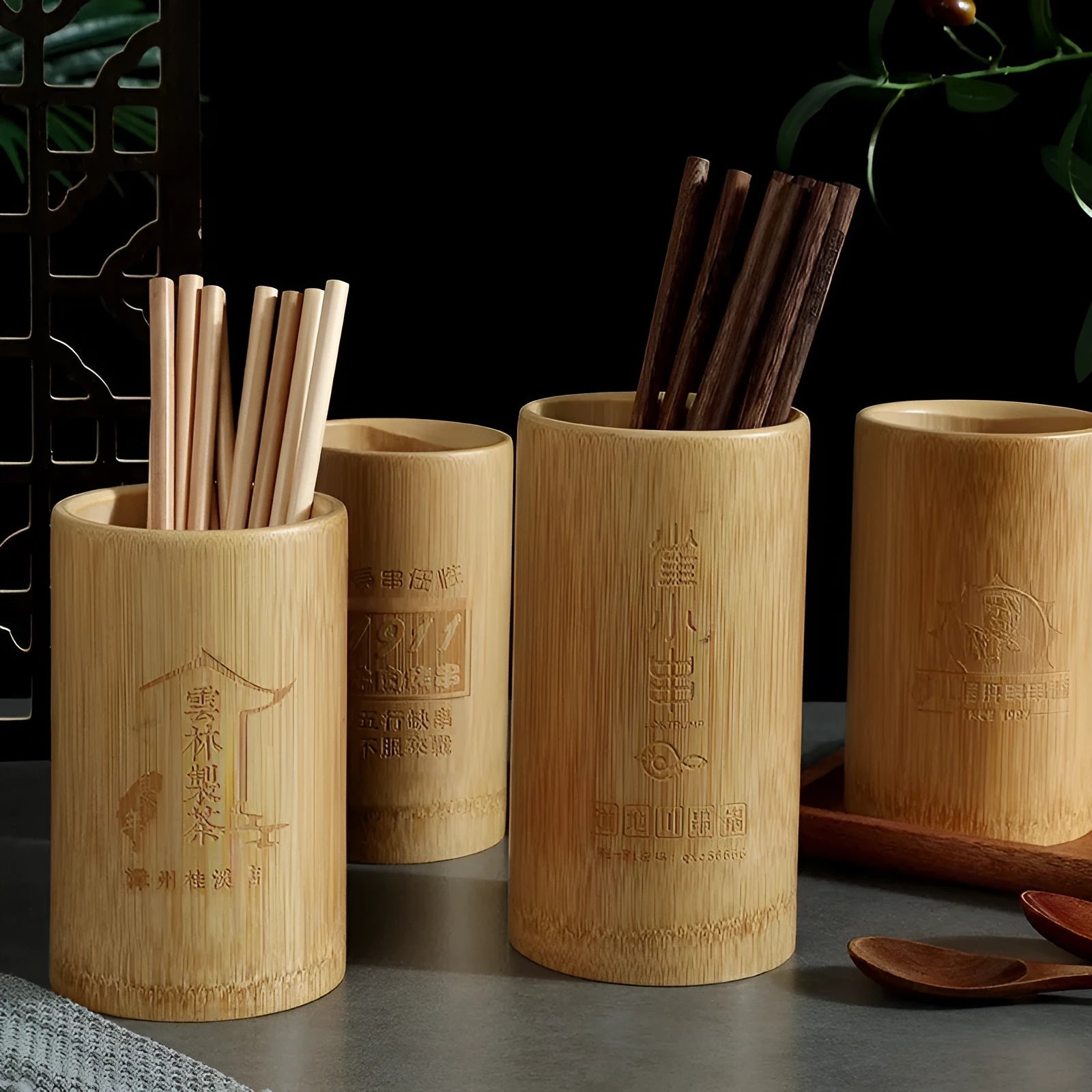 Bamboo chopsticks holder tube in natural material with portable design for kitchen utensil storage