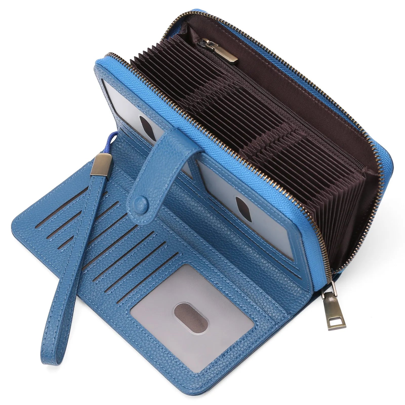 Expanding card holder women long wallet passport bag in light brown PU leather with anti-theft feature