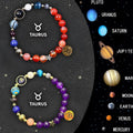Two natural stone beaded bracelets on a table, showing zodiac sign designs on adjustable elastic cords.
