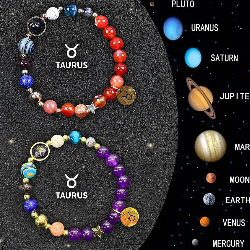 Two natural stone beaded bracelets on a table, showing zodiac sign designs on adjustable elastic cords.