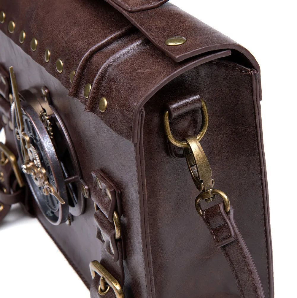 Bronze steampunk industrial retro style shoulder bag with pillow shape and metal hardware accents