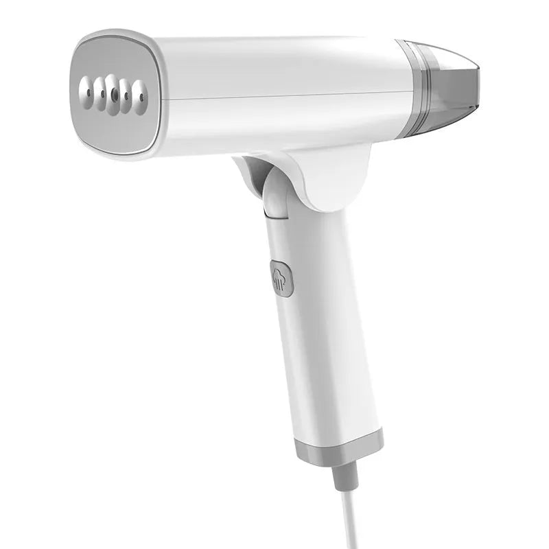 Blue and white handheld garment steamer with hanging iron attachment on wooden surface