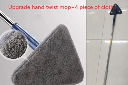 Blue extendable triangle cleaning mop with rotating head on stainless steel pole.