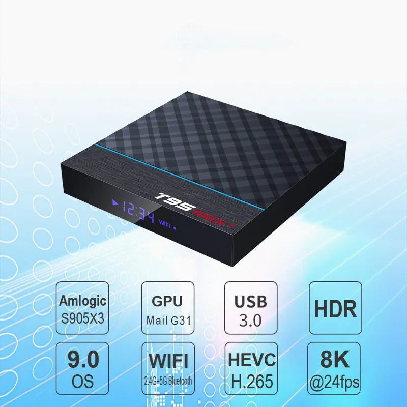Black T95 Max Plus Android TV box with remote control on a wooden surface.