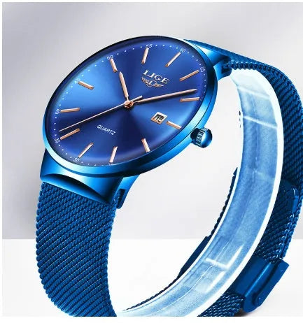 Men's stainless steel wristwatch with 40mm case shown in black, blue, and black/blue colour variations