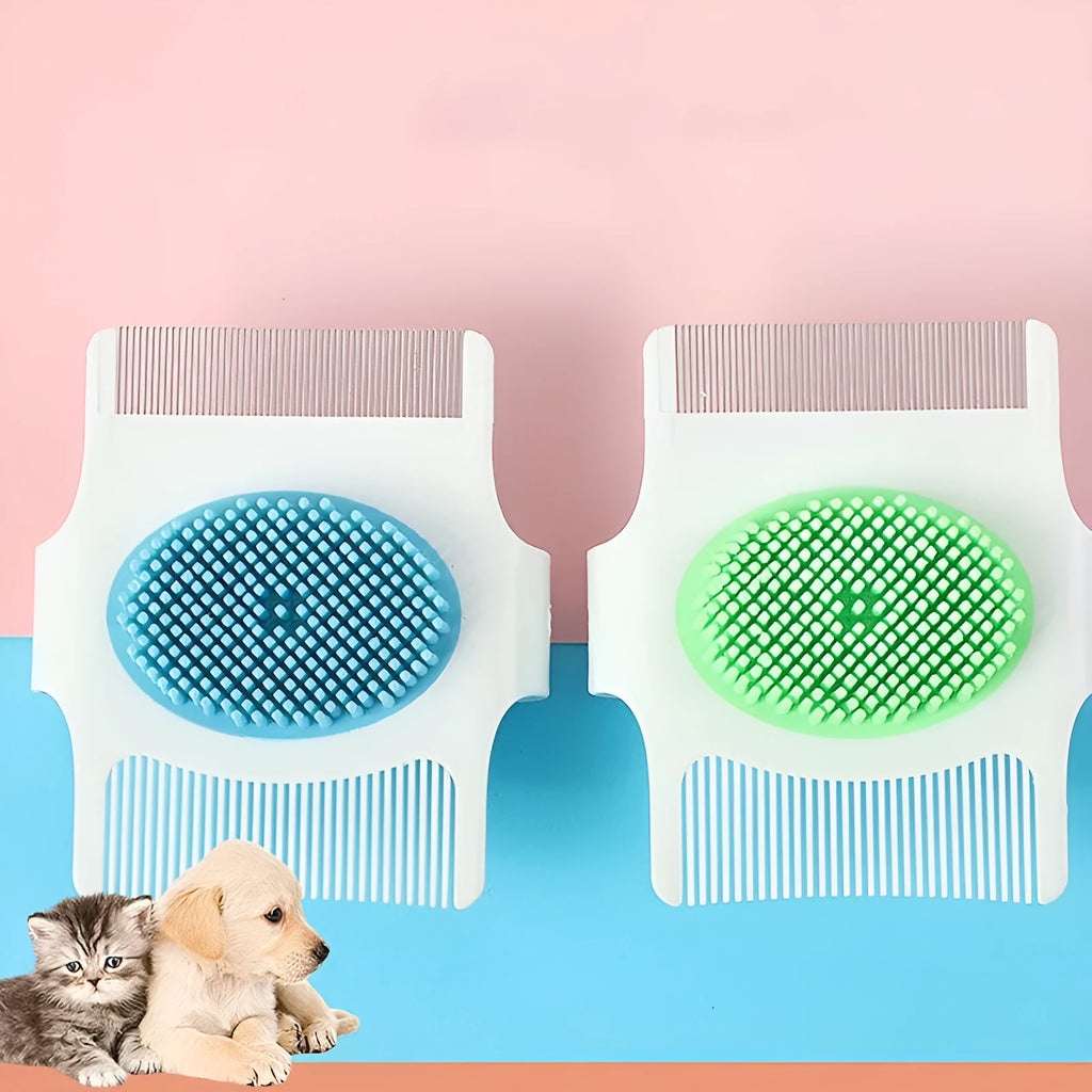 Blue and green multifunctional pet comb dog grooming tool with floating hair removal, massage and flea removal functions