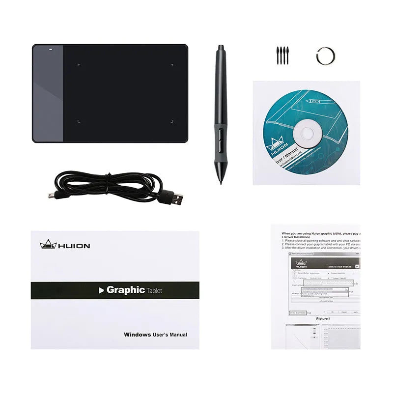 HUION 420 black electronic drawing board with USB connection, 4x2.23 inch work area, and 176 x 115 x 7.5mm body.