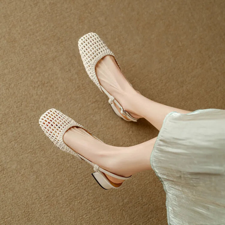 Women's beige woven square-toe sandals with a belt buckle and chunky heel on a white background.