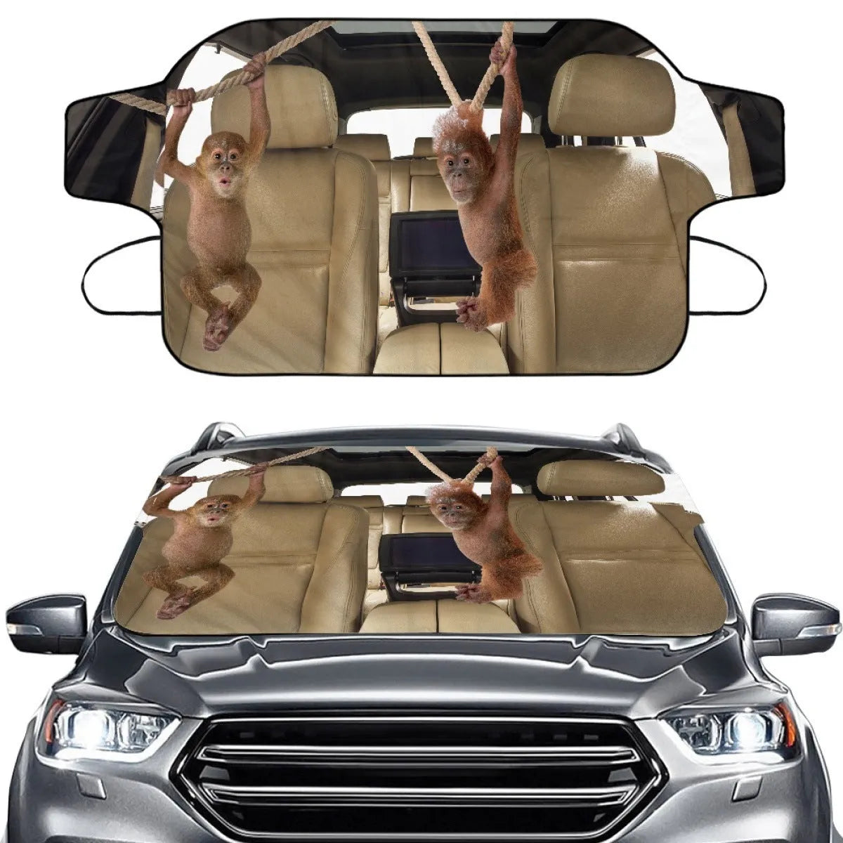 Car front gear snow protection cover showing aluminum film foam polyester fabric construction with lanyard installation system