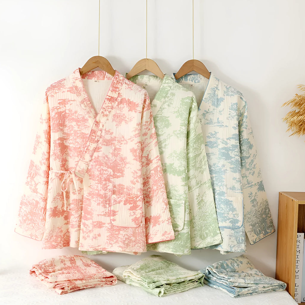 Ladies pure cotton gauze lace-up long sleeve trousers suit in pink blue and green frosted pine trees colours