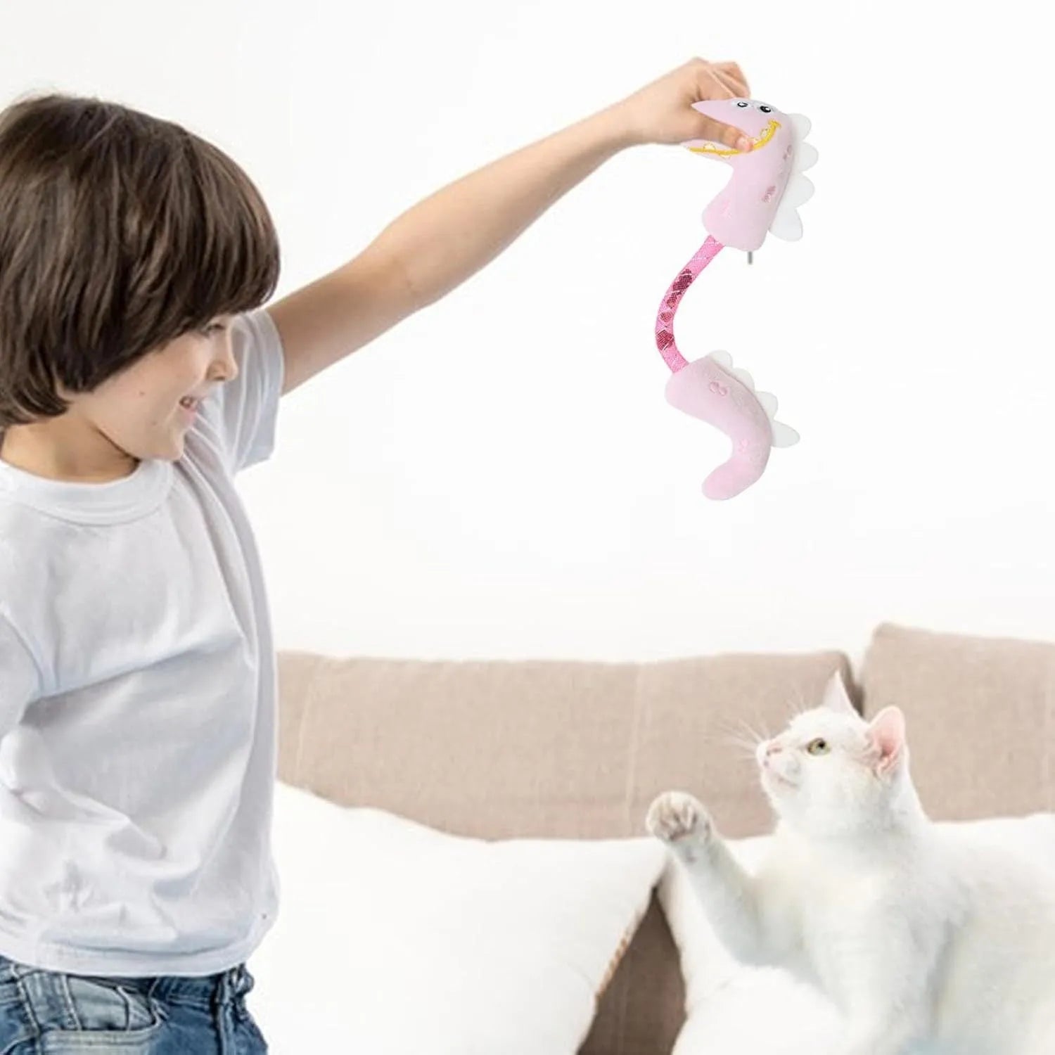 Bundle of four cat toys including rope, springs and kicker toy in pink, purple or yellow