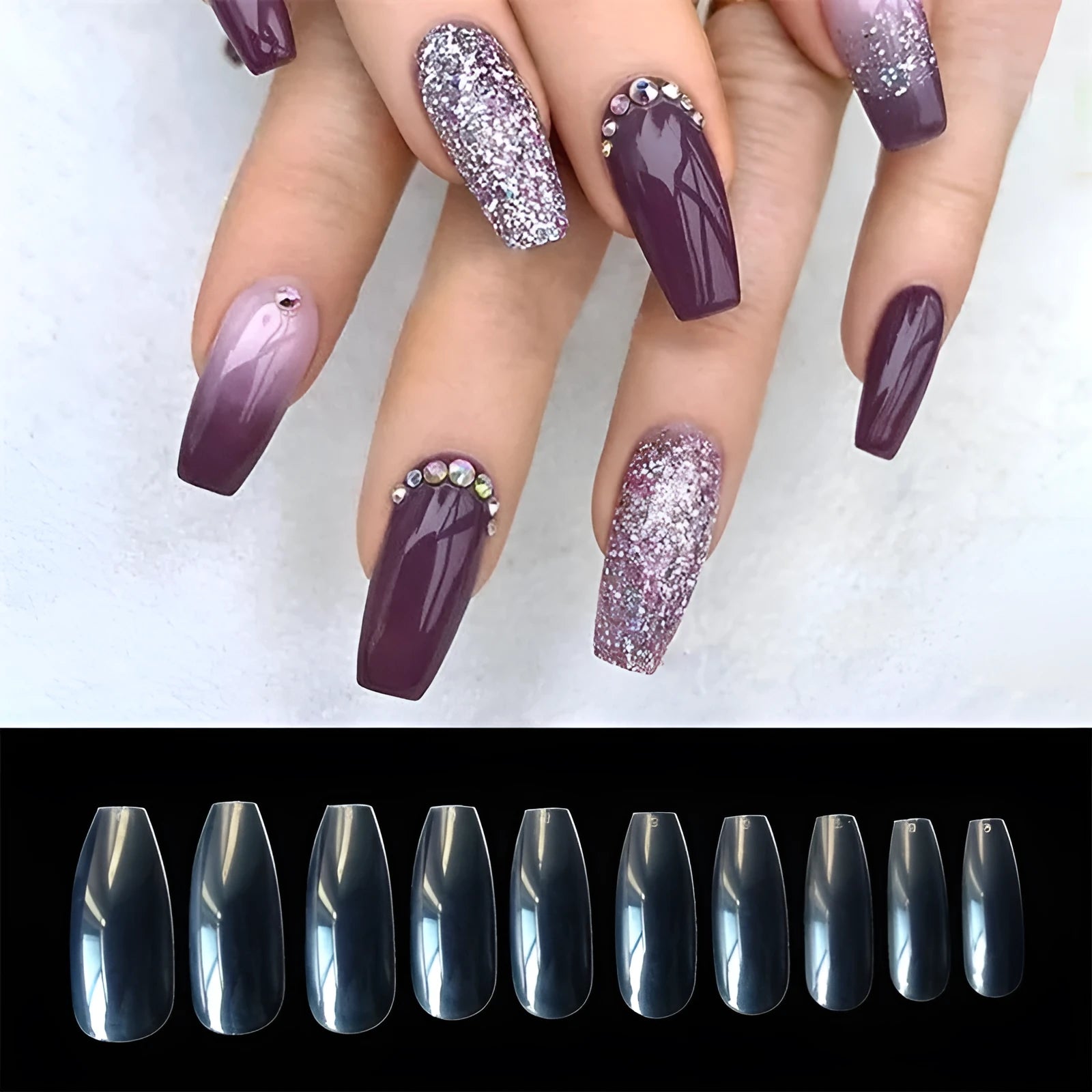 500 clear and natural coloured ABS plastic false nails in ten different sizes arranged on a white surface
