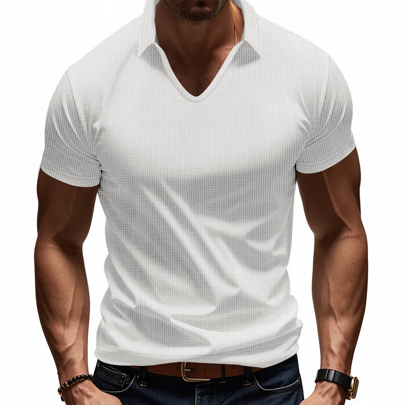 Men's casual V-neck t-shirt in loose fit with short sleeves, shown in light blue colour