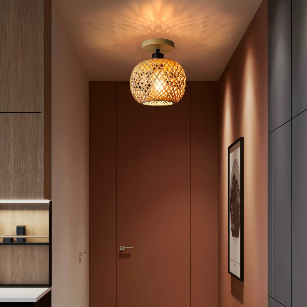 Natural bamboo Japanese-style ceiling lamp with a wood colour finish, designed for hallways and corridors.