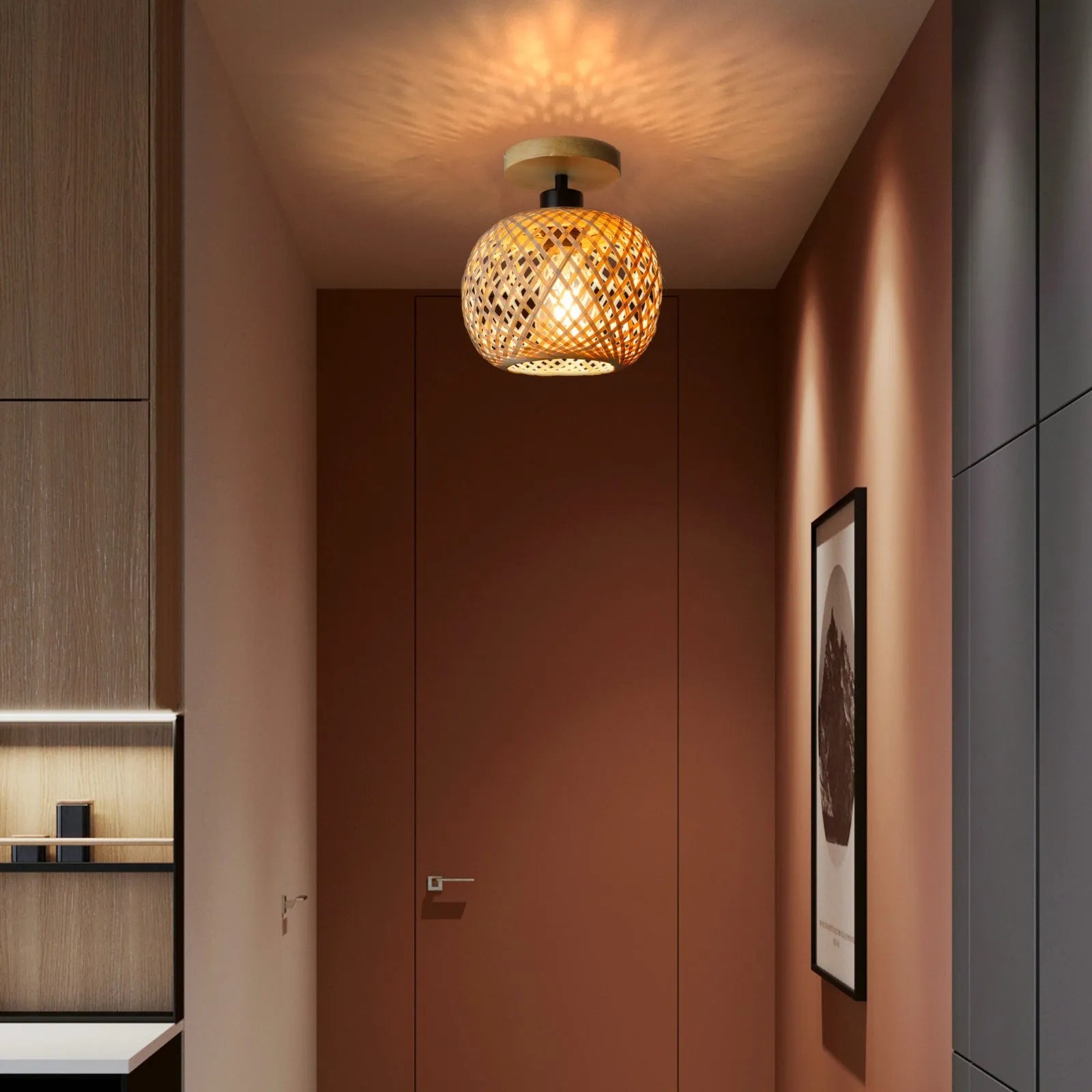 Natural bamboo Japanese-style ceiling lamp with a wood colour finish, designed for hallways and corridors.