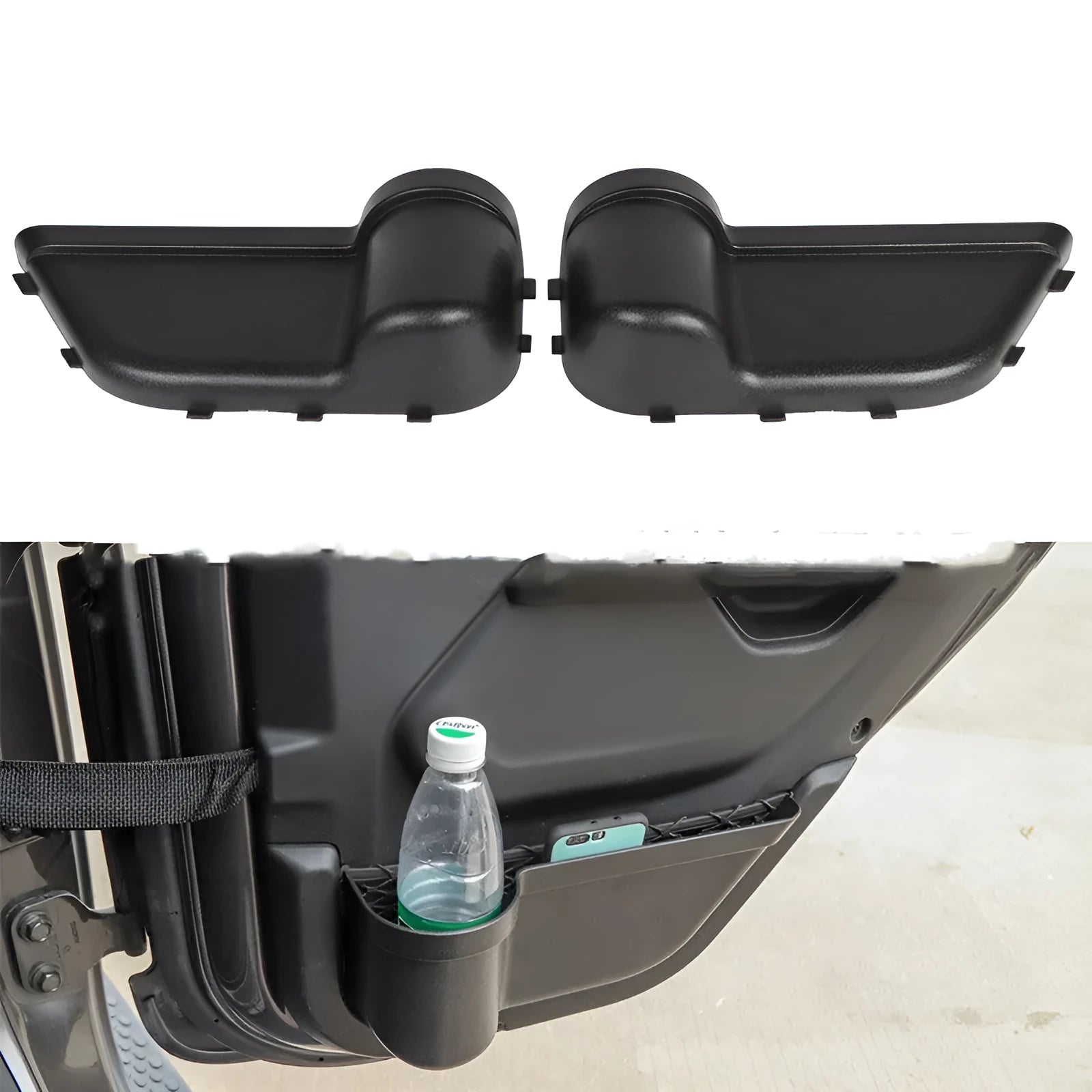Black ABS door storage box installed on Jeep Wrangler interior door panel