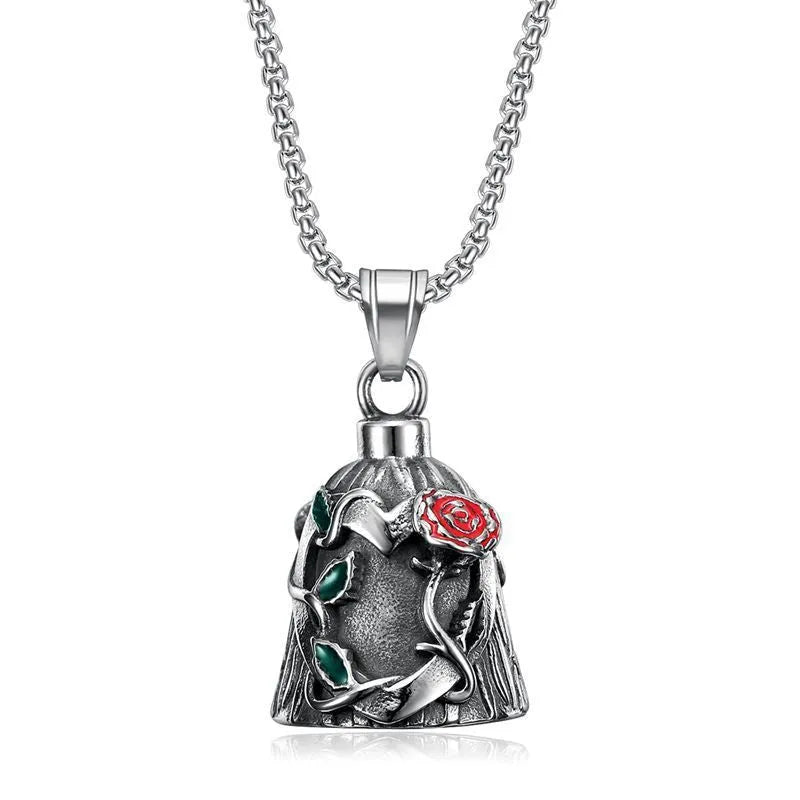 Titanium steel vintage polished motorcycle lucky bell with double-sided epoxy rose design in retro steel colour
