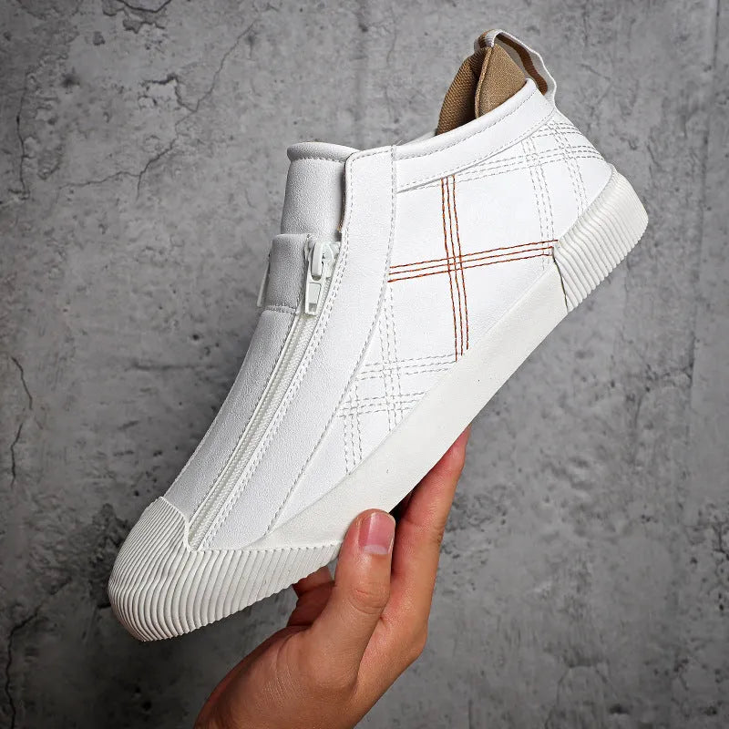 Breathable casual leather shoes with microfibre upper, side zipper, rubber sole, flat square heel, round toe, in black, beige or yellow