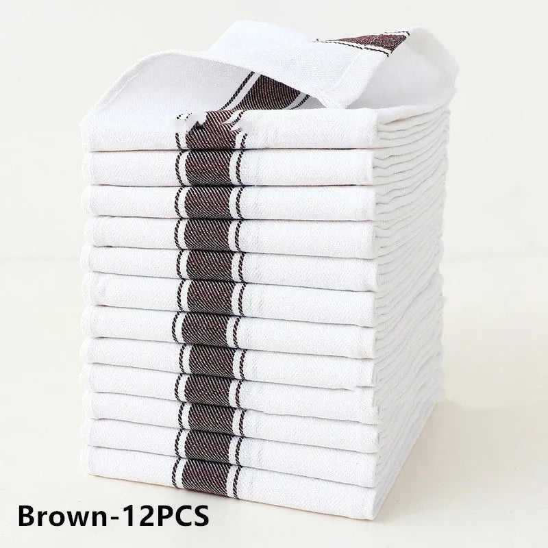 Set of 12 striped cotton dish towels in mixed colours including black, blue, brown, yellow on a kitchen surface