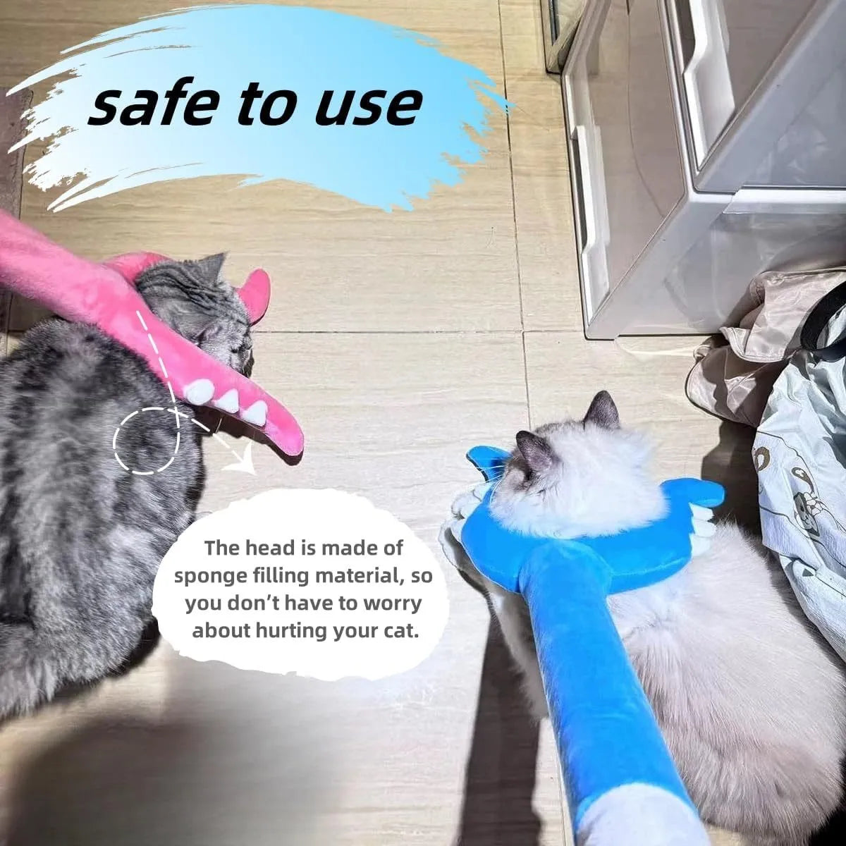 Blue and pink plush cat wand toy showing 70cm length with plush-wrapped construction