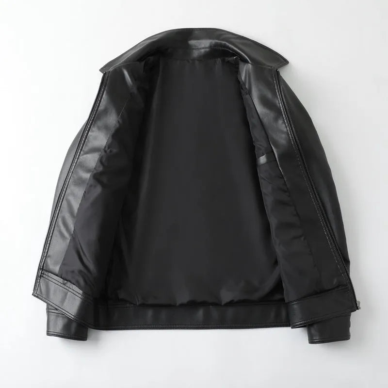 Black men's PU leather jacket with loose fit, zipper pockets, and windproof design for casual leisure wear