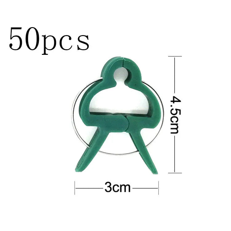 Green plastic and zinc plant fixing clips for supporting climbing tomatoes and beans