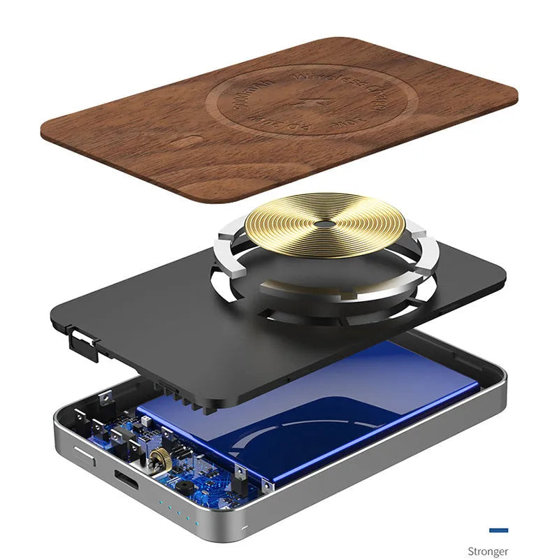 Khaki-coloured magnetic wireless charging bank with 5000mAh capacity and USB port