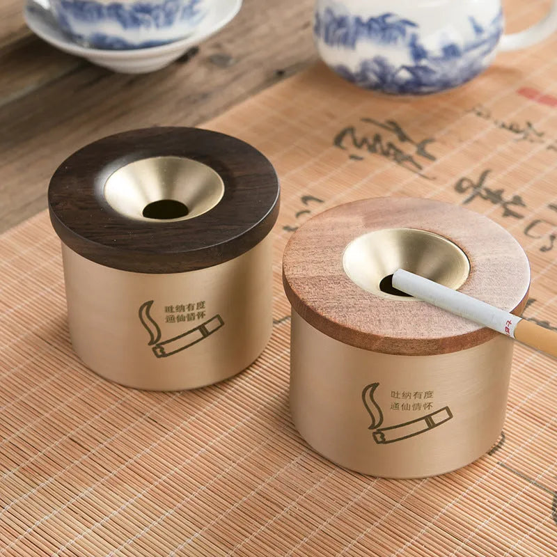 Creative retro brass ashtray with pure copper body and black or rosewood wooden lid featuring a central hole