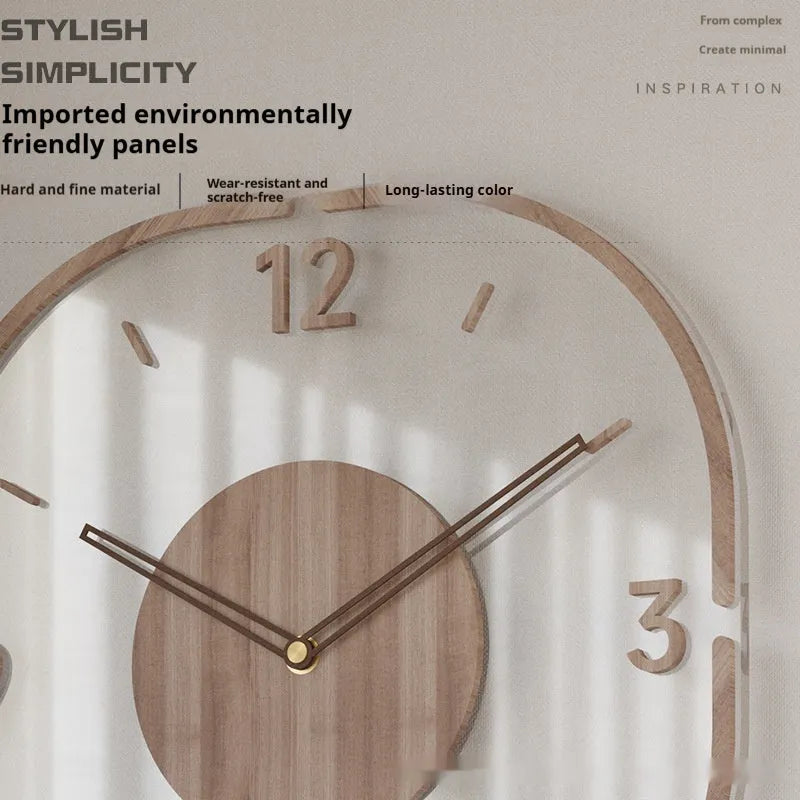 Modern square transparent wooden frame wall clock on a wall, showing visible mechanical movement inside.