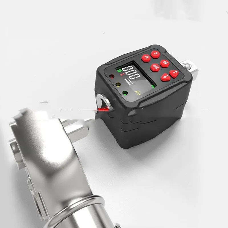 Digital torque meter with LCD screen and 1/2 inch drive, part of a three-piece metal toolkit.