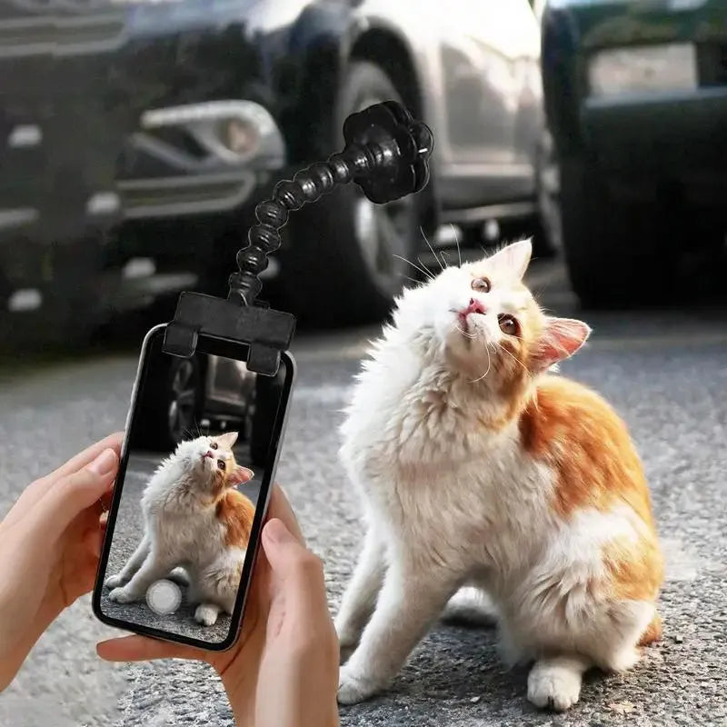 Black pet photography tool with rotating mount and phone clip for holding treats during animal photoshoots